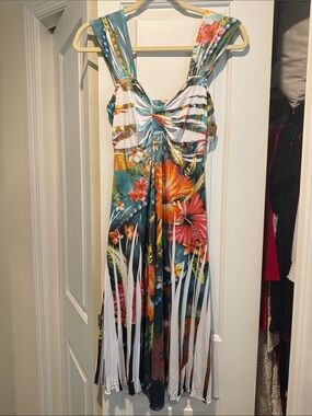 Tropical Floral Midi Dress in Teal and Coral